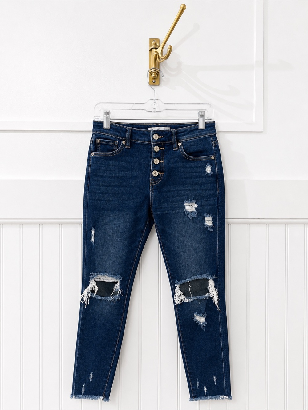 KanCan Dark Blue High-Rise Distressed Ankle Jeans